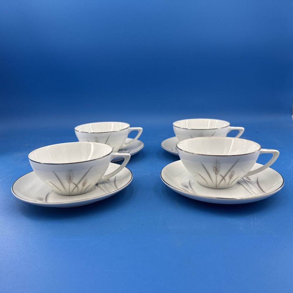 Vintage Fine China of Japan Platinum Wheat Coffee 4 Cups and 4 Saucer Plates